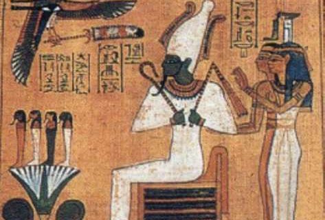 Osíris em seu trono em Amenti, atrás Ísis e Néftis e, à frente, os quatro fi lhos de Hórus em uma fl or de lótus. Imagem do Livro dos Mortos – Papiro de Ani (1250 A.E.C.).